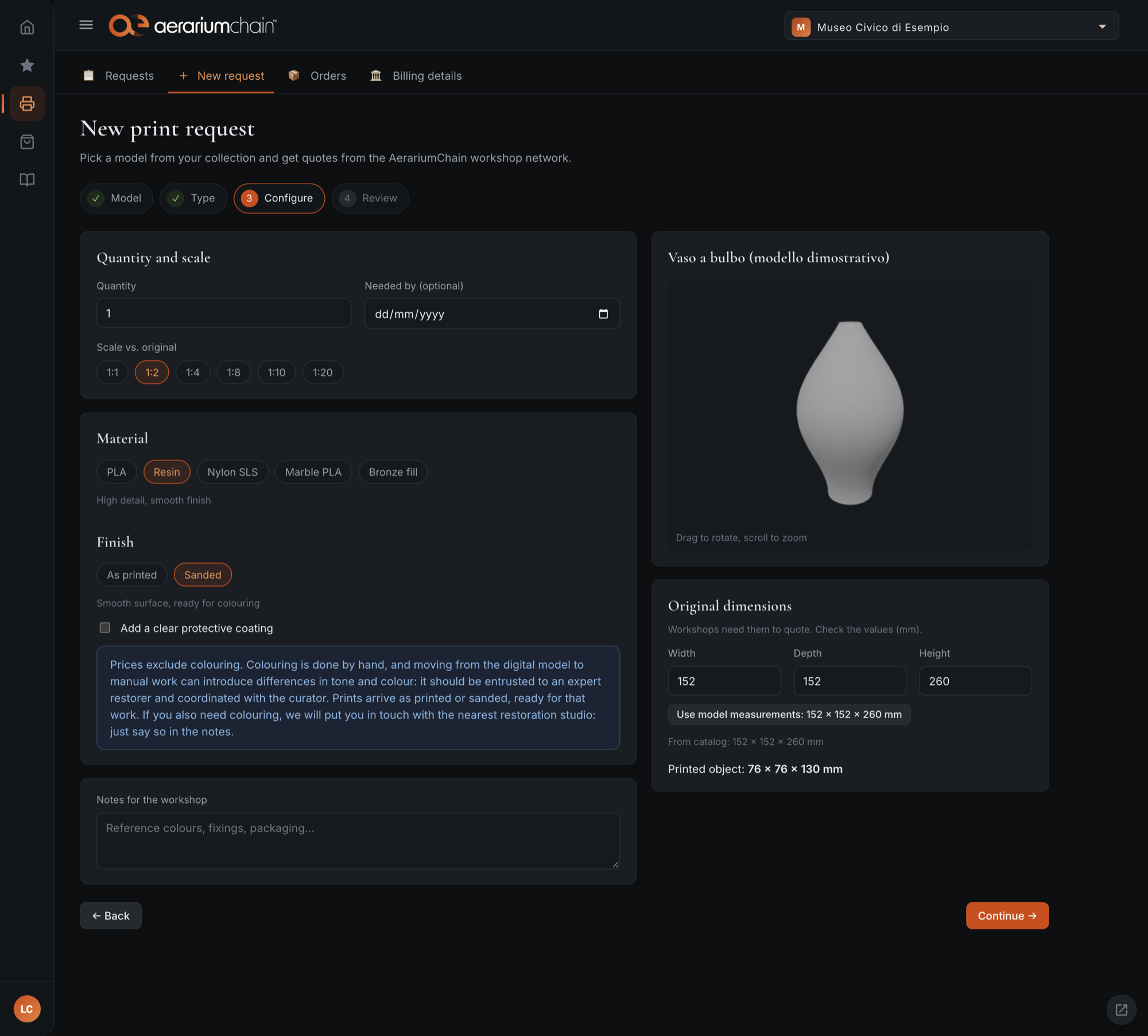 Configuration, with the 3D preview and the dimensions of the original