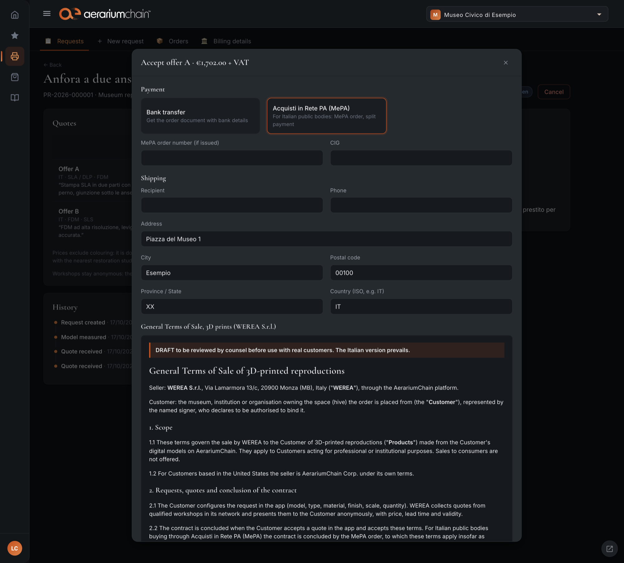 Accepting a quote: payment, shipping and terms of sale