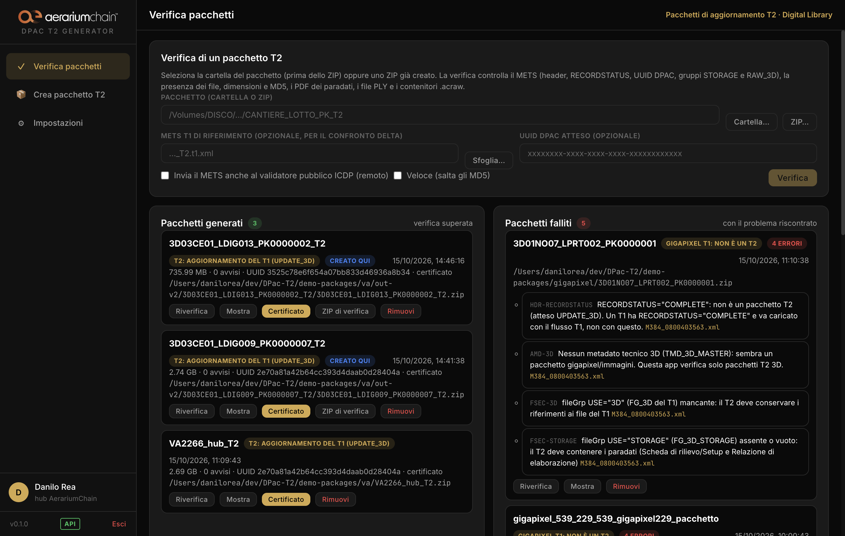 The verification view: the package under test, the generated packages and the failed ones with their problems